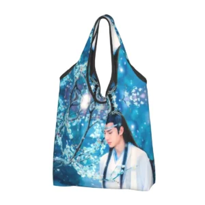 Lan Wangji Blue Sakura Tote Bag – Reusable The Untamed Art Shopping Bag for Women | Portable Grocery Shopper