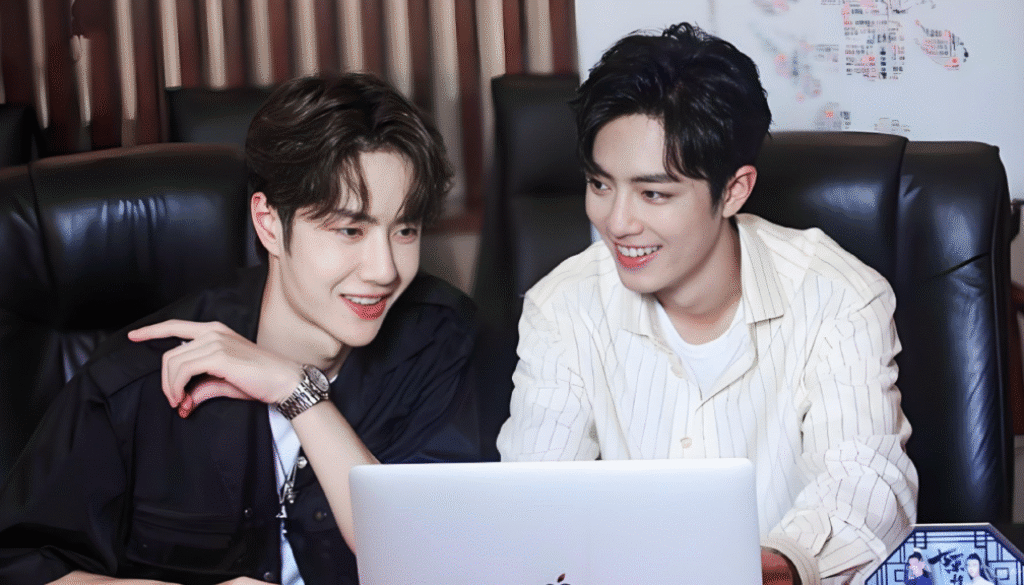 BJYX fan art digital painting of Xiao Zhan and Wang Yibo in Untamed-style robes