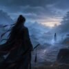 A lone robed traveler follows a misty mountain path toward a pale figure and distant glowing pavilions.