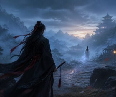 01 Cover - The Untamed Emotional Aftermath A lone robed traveler follows a misty mountain path toward a pale figure and distant glowing pavilions.