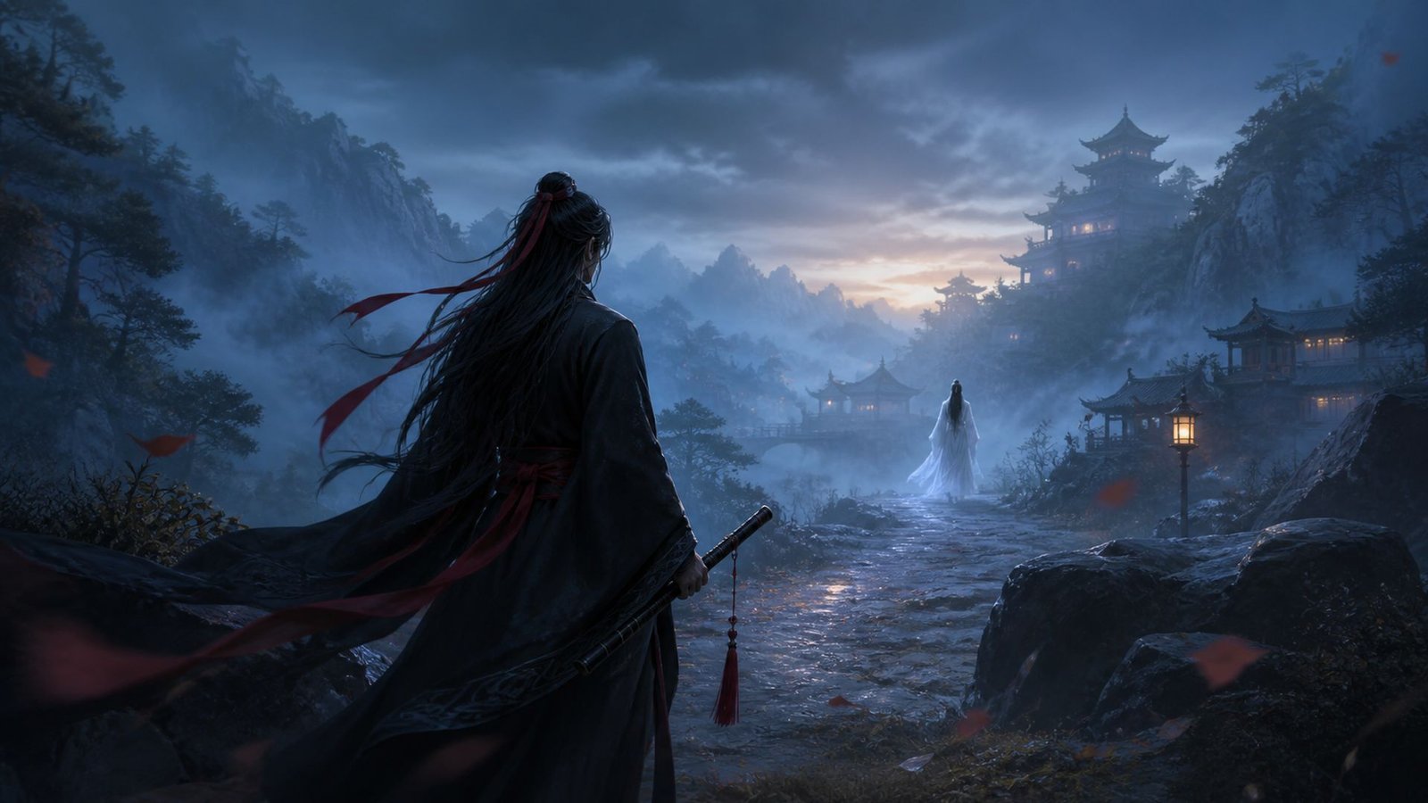A lone robed traveler follows a misty mountain path toward a pale figure and distant glowing pavilions.