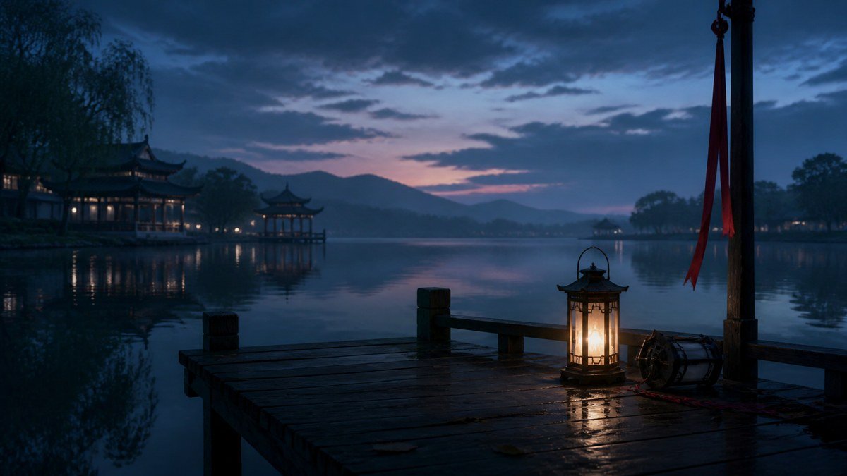 One lantern glows beside an extinguished lamp on an empty lakeside pier after The Untamed.