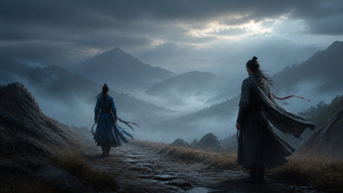 The Unfinished Goodbye: Two robed travelers pause apart on a misty mountain path as light breaks through the clouds.