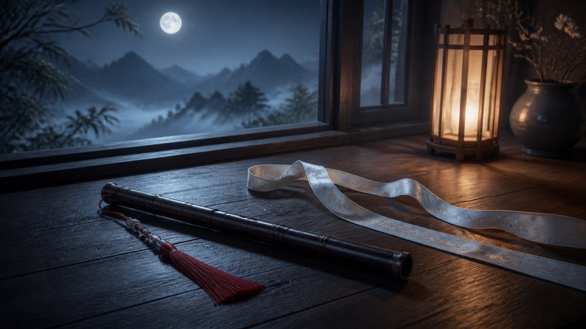 A dark bamboo flute and pale ribbon rest by a moonlit window, symbolizing WangXian devotion.