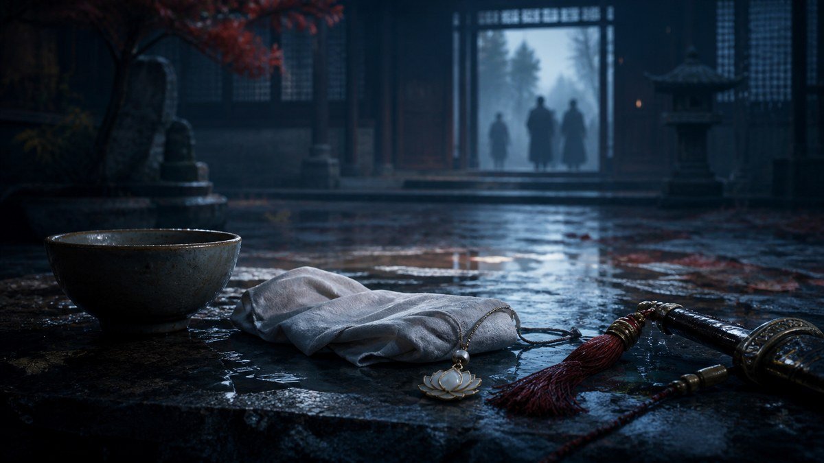 A lotus pendant, folded cloth, bowl, and sword tassel remain in a rain-soaked courtyard.