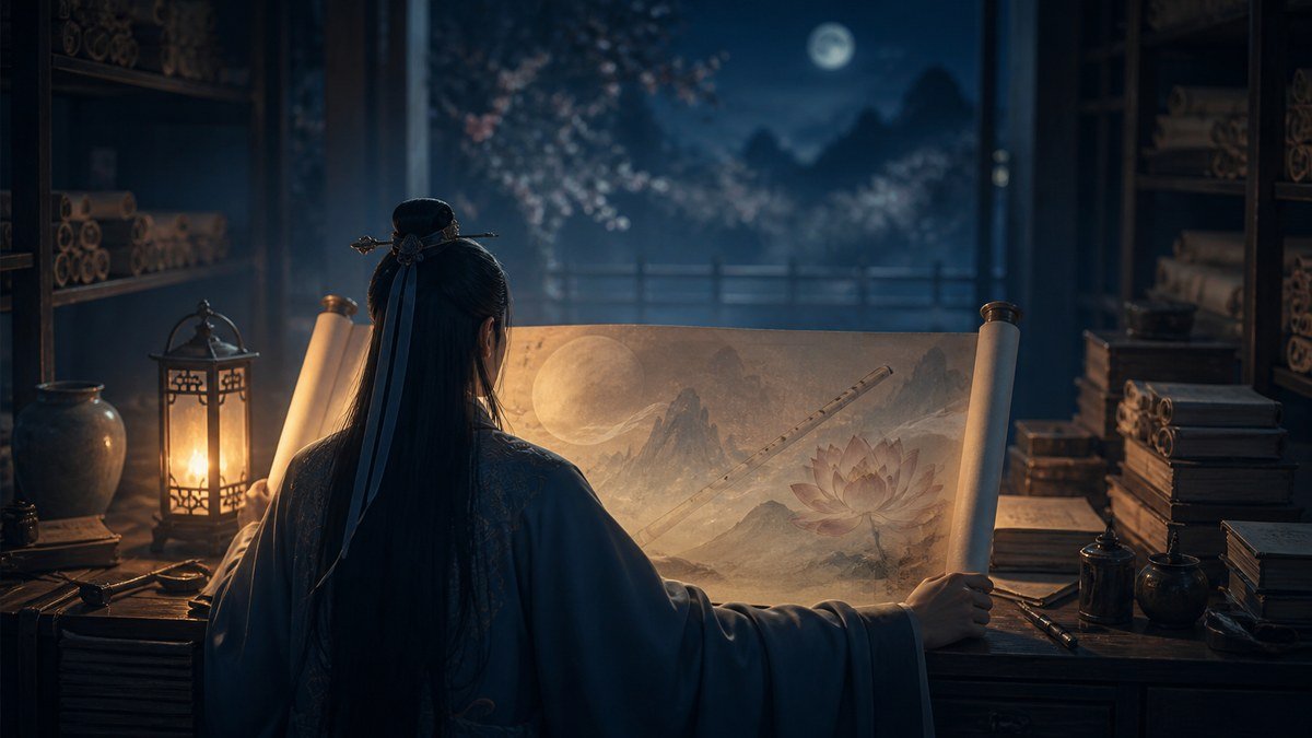 A solitary reader studies a painted scroll by lantern light, rediscovering The Untamed.