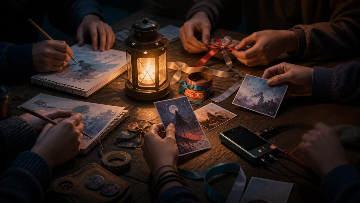 Fans draw, arrange ribbons, and share artwork around a warm lantern, turning grief into community.