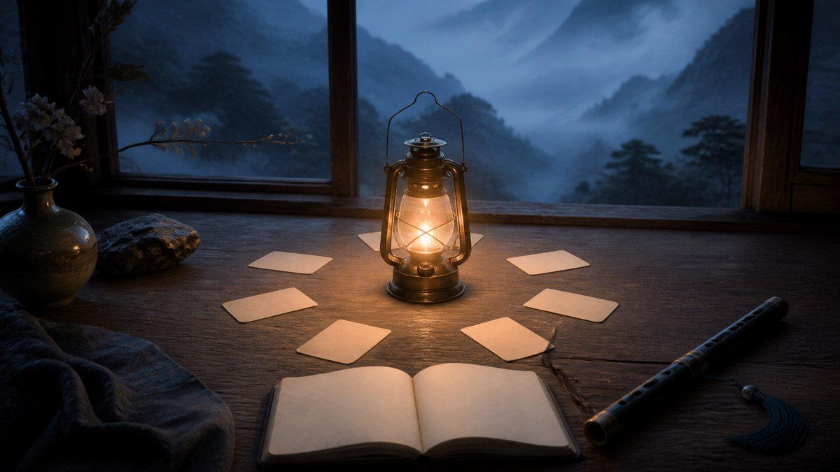 Six blank question cards circle a glowing lantern beside an open notebook and flute.