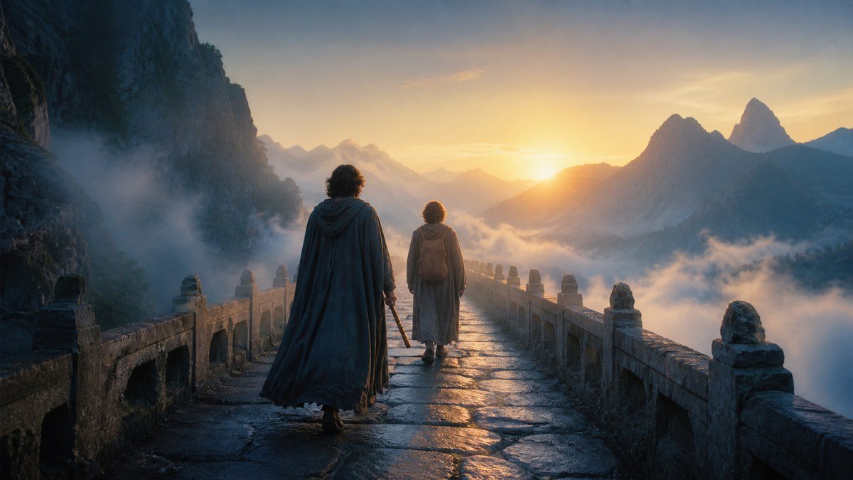 Two travelers walk together across a mountain bridge at dawn, carrying emotional aftermath toward hope.