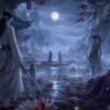 Moonlit xianxia ensemble of symbolic tragic characters standing among lotus petals, lanterns, rain, and mountain mist.