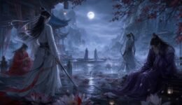 Moonlit xianxia ensemble of symbolic tragic characters standing among lotus petals, lanterns, rain, and mountain mist.