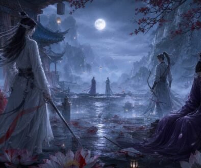 1 Cover - The Untamed Characters Who Deserved Better Moonlit xianxia ensemble of symbolic tragic characters standing among lotus petals, lanterns, rain, and mountain mist.