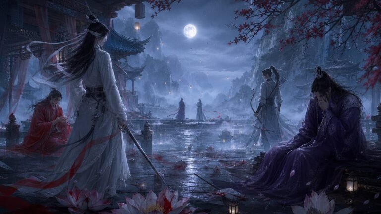 Moonlit xianxia ensemble of symbolic tragic characters standing among lotus petals, lanterns, rain, and mountain mist.