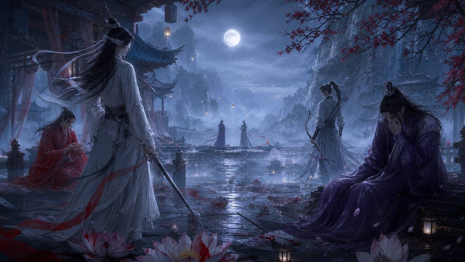 Moonlit xianxia ensemble of symbolic tragic characters standing among lotus petals, lanterns, rain, and mountain mist.