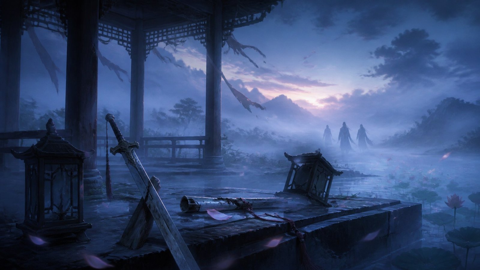 Abandoned sword and flute charm in an empty pavilion as distant figures disappear into blue mist.