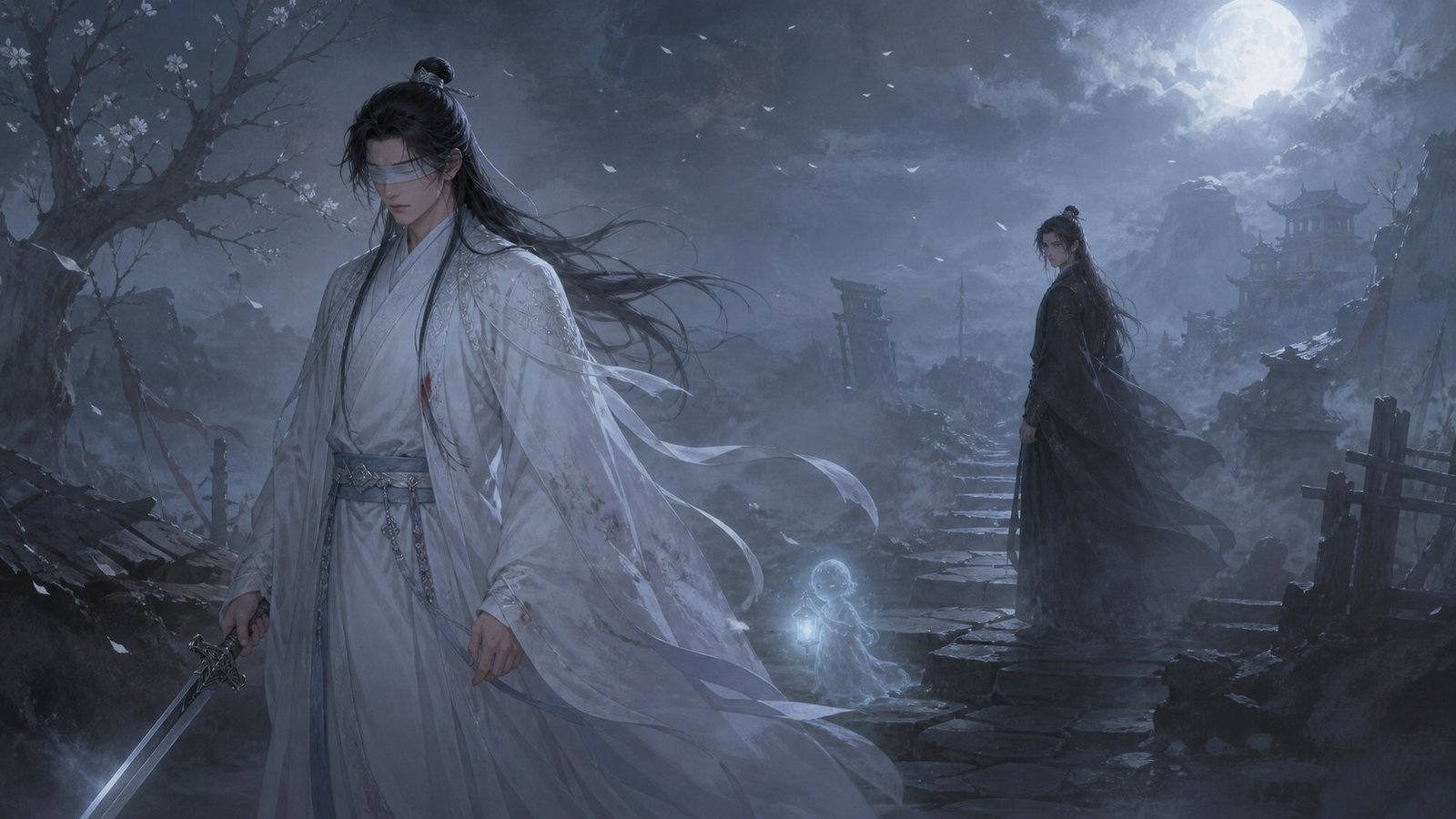 Blindfolded white-robed cultivator and dark-robed companion separated on a ruined moonlit path.