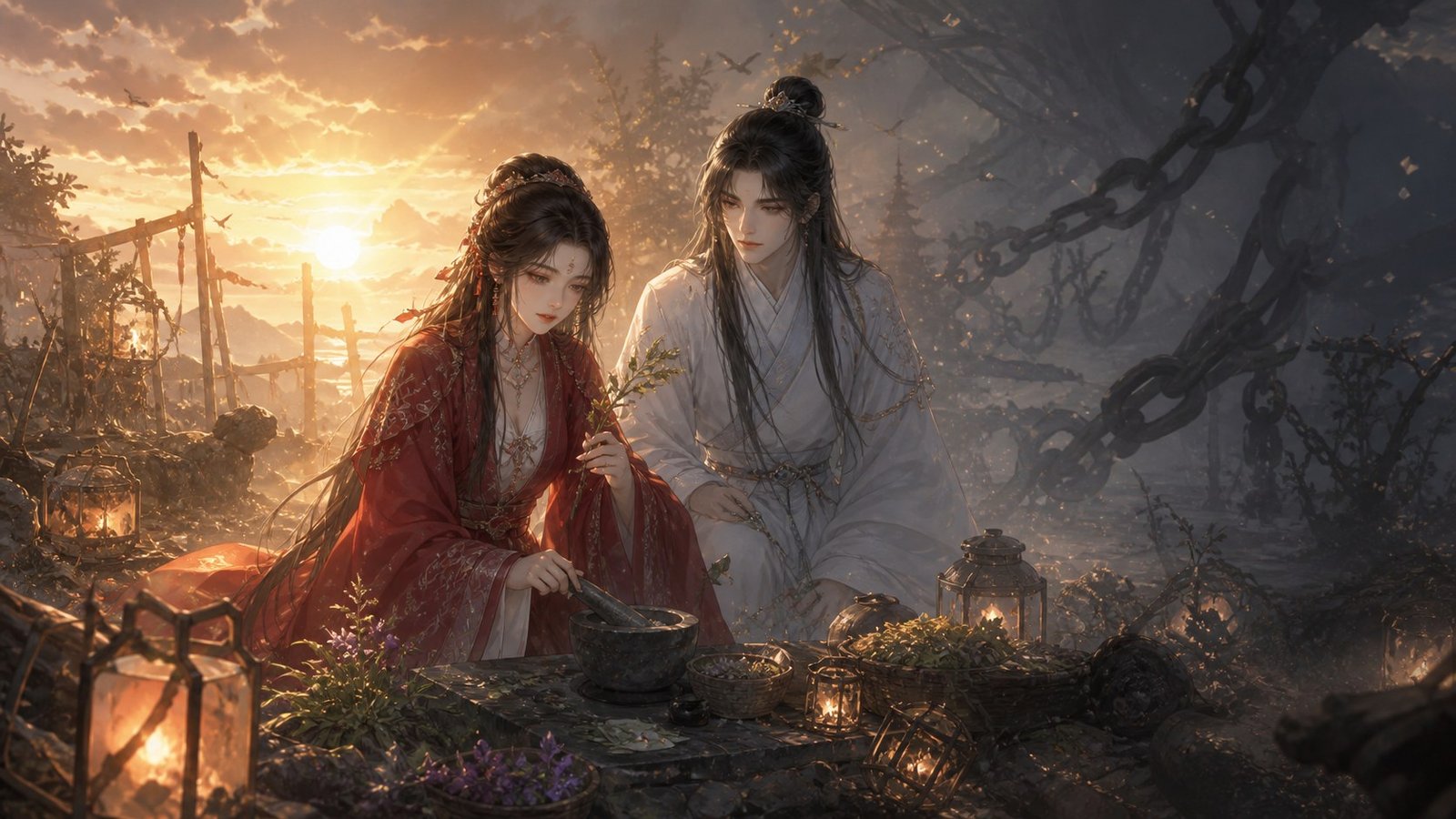 Red-robed healer and gentle pale-robed brother preparing herbs while chains dissolve into sunset mist.