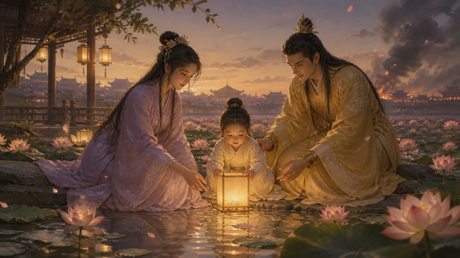 Lavender- and gold-robed parents sharing a lotus lantern with a child beside a lake at dusk.