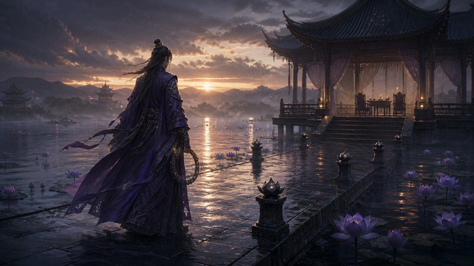 Solitary purple-robed clan leader facing two empty chairs across a rain-wet lotus pier.