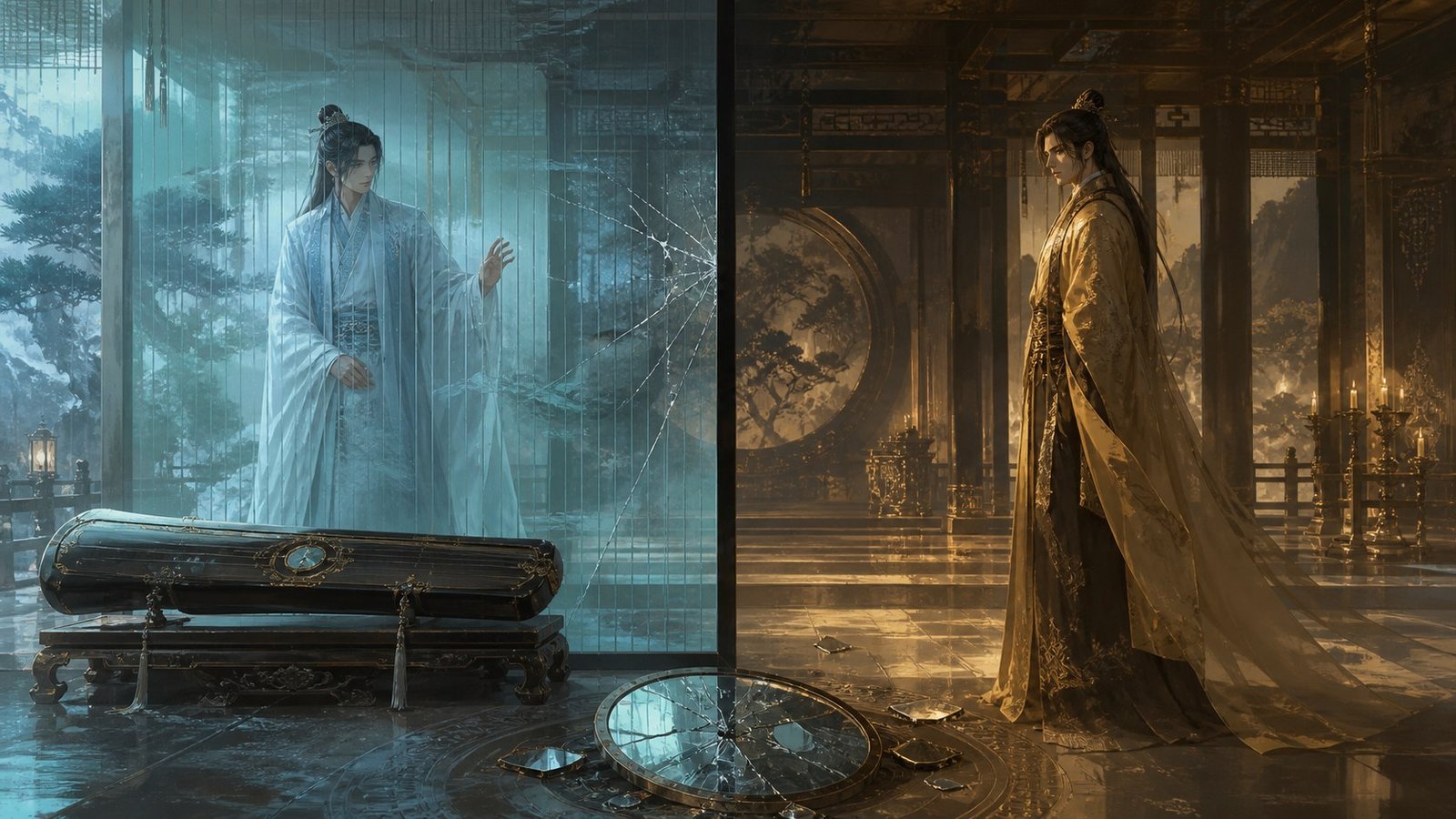 Pale-blue and gold-robed leaders divided by a cracked screen, broken mirror, and sealed instrument case.