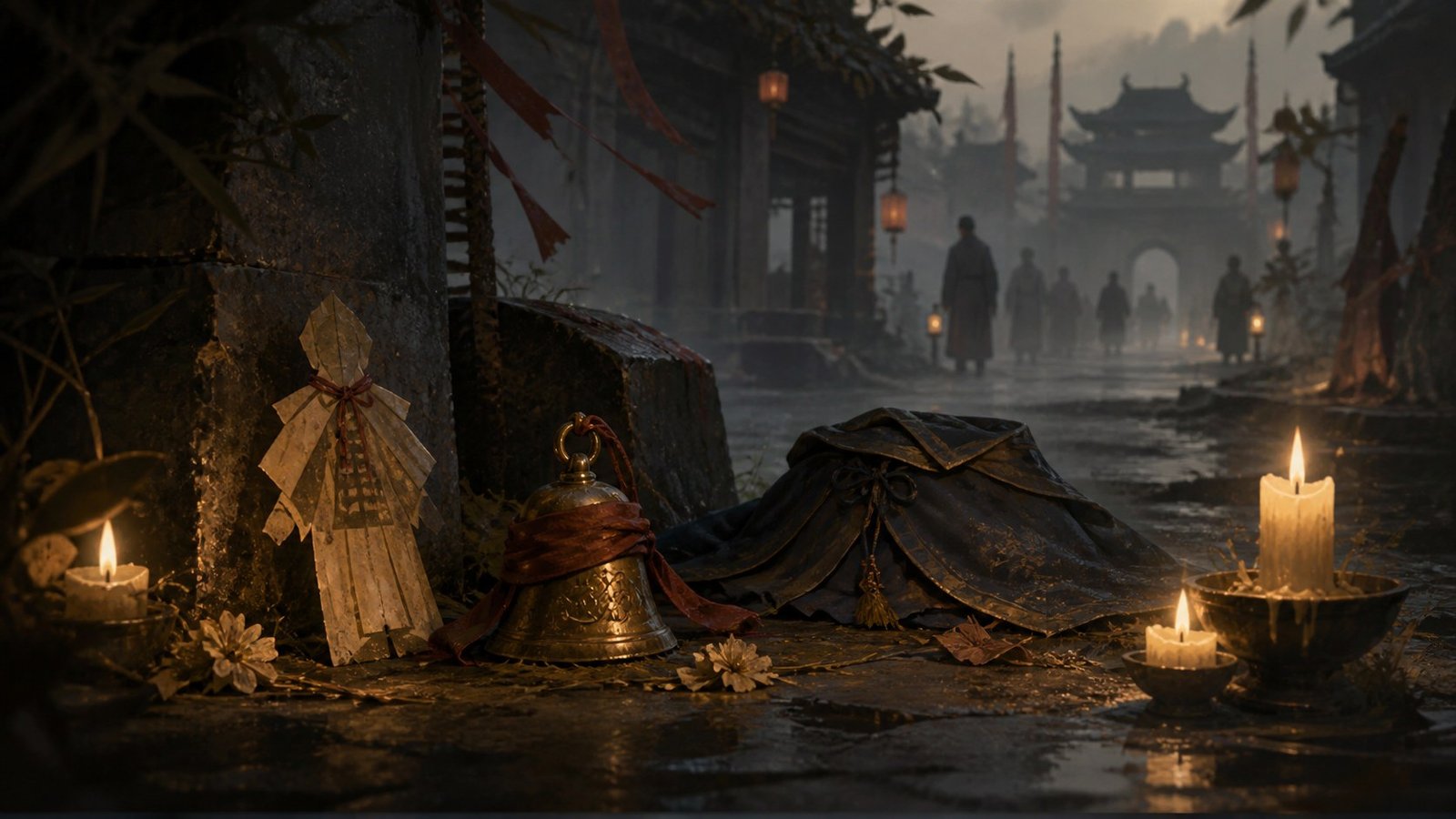Paper talisman, small bell, cloak, and candles forming a memorial in a misty ruined lane.