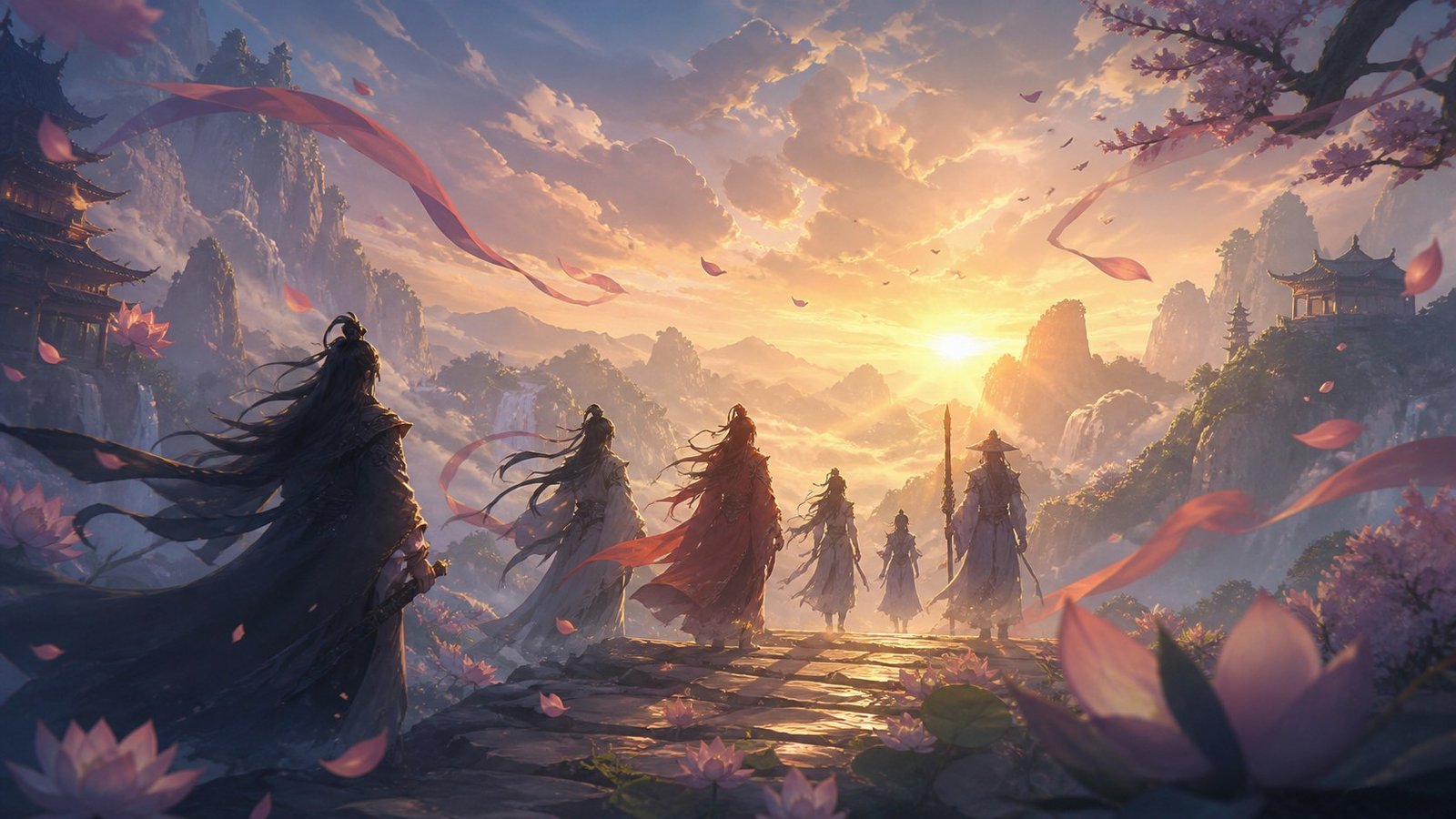 Separate cultivator silhouettes walking toward sunrise as lotus petals rise over mountain peaks.