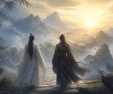 01 Cover - Healing Moments in The Untamed Two original xianxia-inspired travelers walk toward sunrise through a misty mountain valley, symbolizing healing and homecoming.