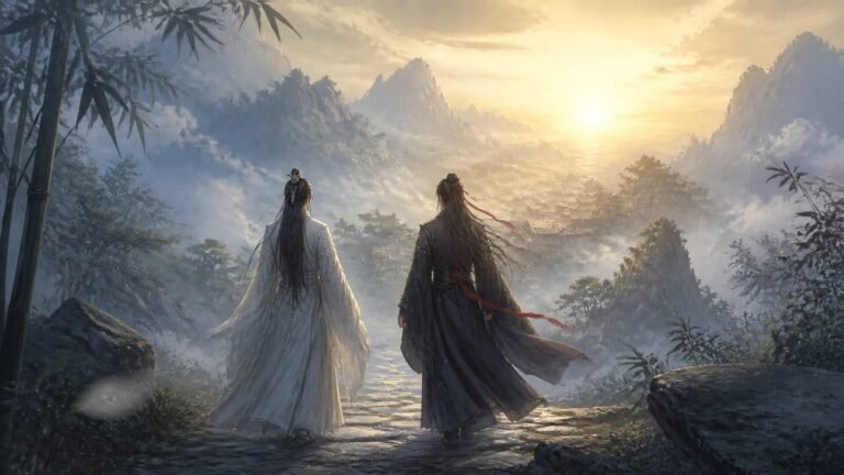 Two original xianxia-inspired travelers walk toward sunrise through a misty mountain valley, symbolizing healing and homecoming.