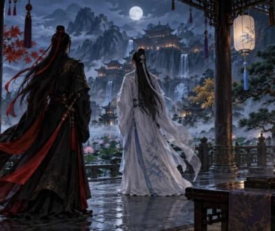01 Cover - The Untamed Color Symbolism Wei Wuxian and Lan Wangji overlook a richly colored fantasy landscape shaped by red, blue, purple, and gold.
