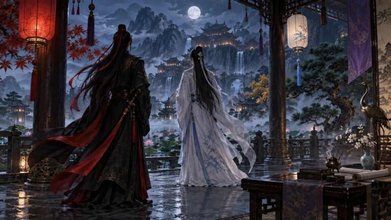 Wei Wuxian and Lan Wangji overlook a richly colored fantasy landscape shaped by red, blue, purple, and gold.