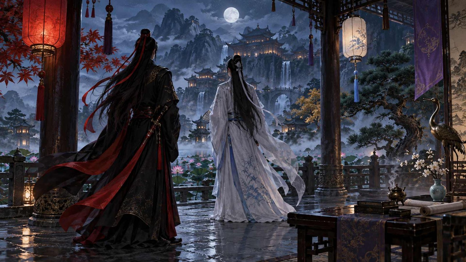 Wei Wuxian and Lan Wangji overlook a richly colored fantasy landscape shaped by red, blue, purple, and gold.