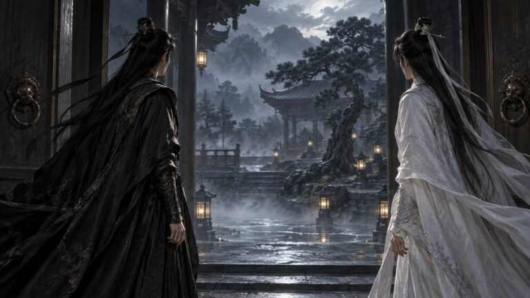 Two male cultivators in black and white pause at a temple doorway, looking into a silent misty courtyard.