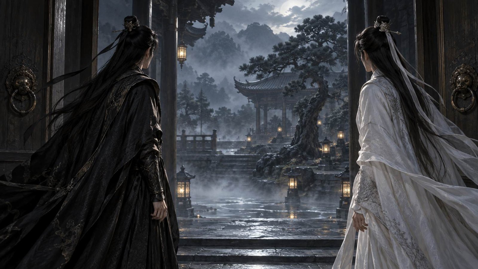 Two male cultivators in black and white pause at a temple doorway, looking into a silent misty courtyard.