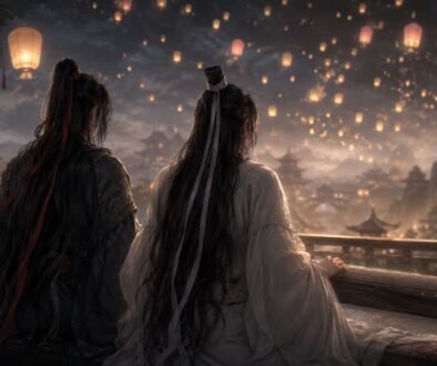 01 Cover - The Untamed Healing Moments Wei Wuxian and Lan Wangji sit beside a guqin as warm lanterns rise over a misty mountain pavilion.