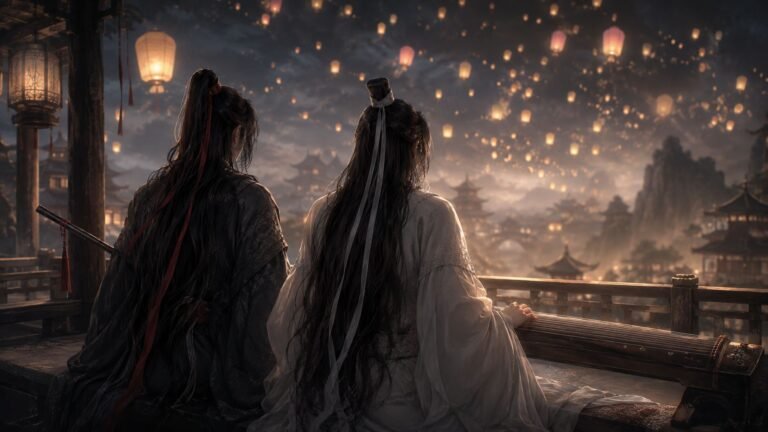 Wei Wuxian and Lan Wangji sit beside a guqin as warm lanterns rise over a misty mountain pavilion.