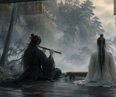 01 Cover - The Untamed Music Emotional Impact Wei Wuxian plays a dark flute beside Lan Wangji and a guqin in a misty mountain pavilion.