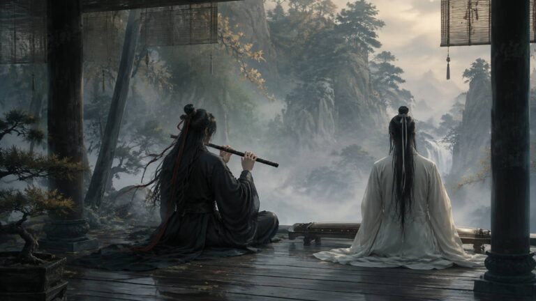 Wei Wuxian plays a dark flute beside Lan Wangji and a guqin in a misty mountain pavilion.