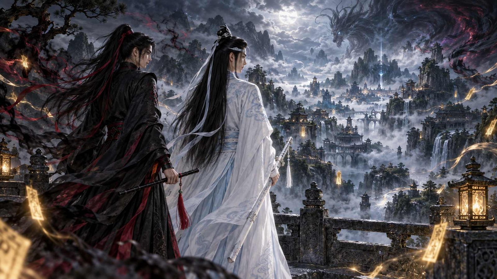 Wei Wuxian and Lan Wangji overlook a fantasy valley filled with sword light, talismans, mist, and dark energy.