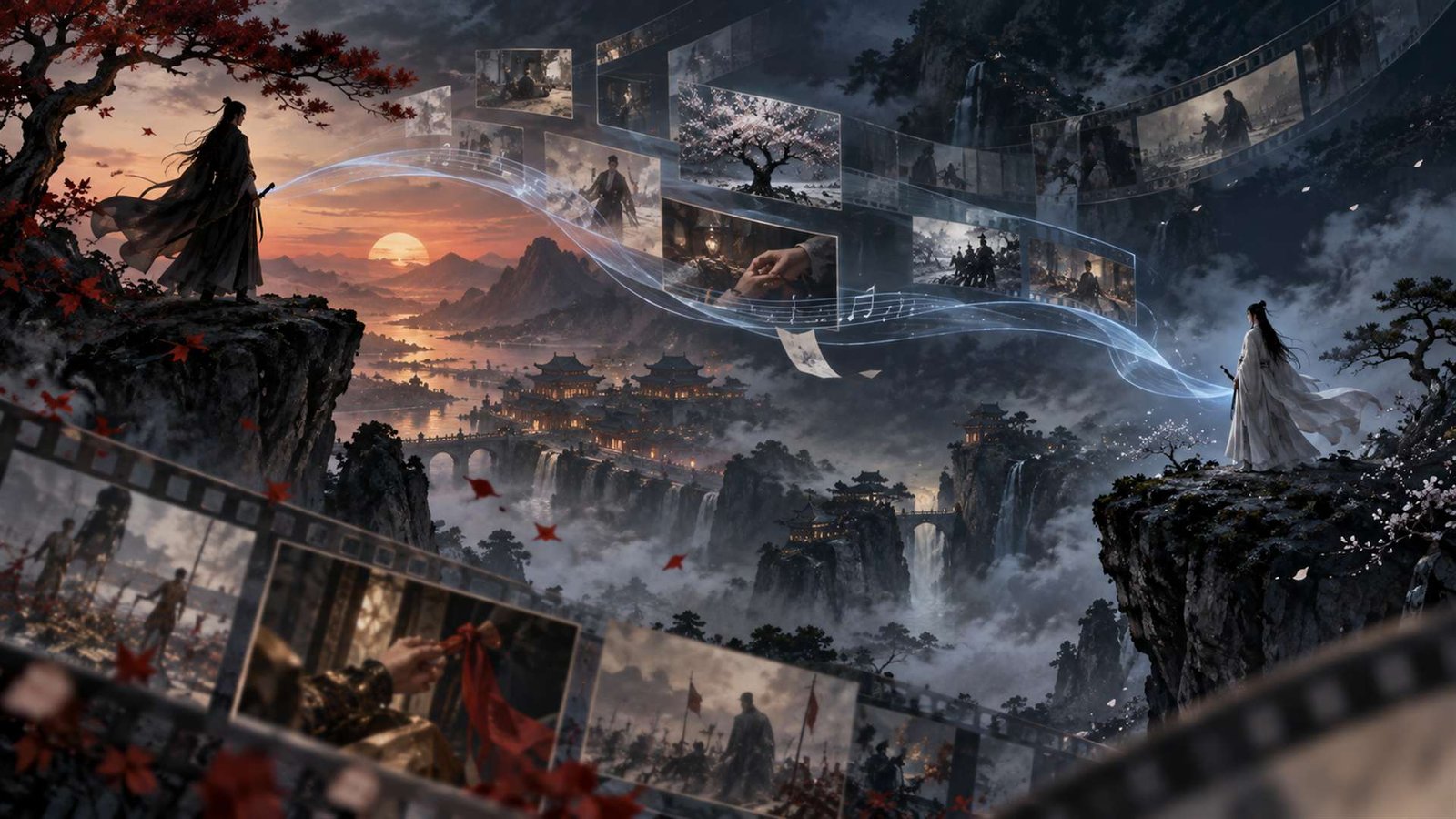 01-cover Cinematic timeline of fragmented memories connecting two robed figures across mountain cliffs at dusk.