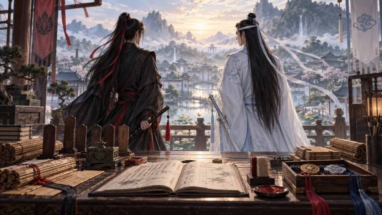 Wei Wuxian in black and red and Lan Wangji in white and pale blue study names and identity symbols in a moonlit archive, with Wei's red hair ribbon and Lan's white forehead ribbon clearly visible.