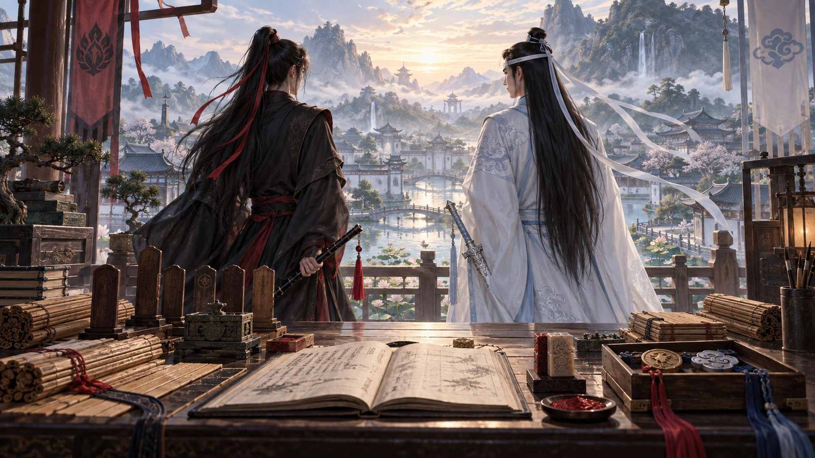 Wei Wuxian in black and red and Lan Wangji in white and pale blue study names and identity symbols in a moonlit archive, with Wei's red hair ribbon and Lan's white forehead ribbon clearly visible.