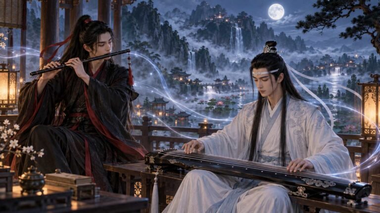 Wei Wuxian, wearing black with a red hair ribbon, plays his black flute beside Lan Wangji, whose white forehead ribbon is clearly visible as he plays a seven-string guqin in a moonlit pavilion.