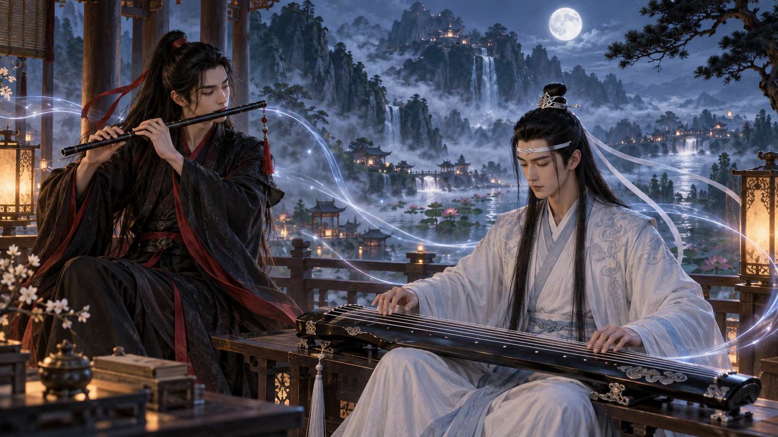 Wei Wuxian, wearing black with a red hair ribbon, plays his black flute beside Lan Wangji, whose white forehead ribbon is clearly visible as he plays a seven-string guqin in a moonlit pavilion.