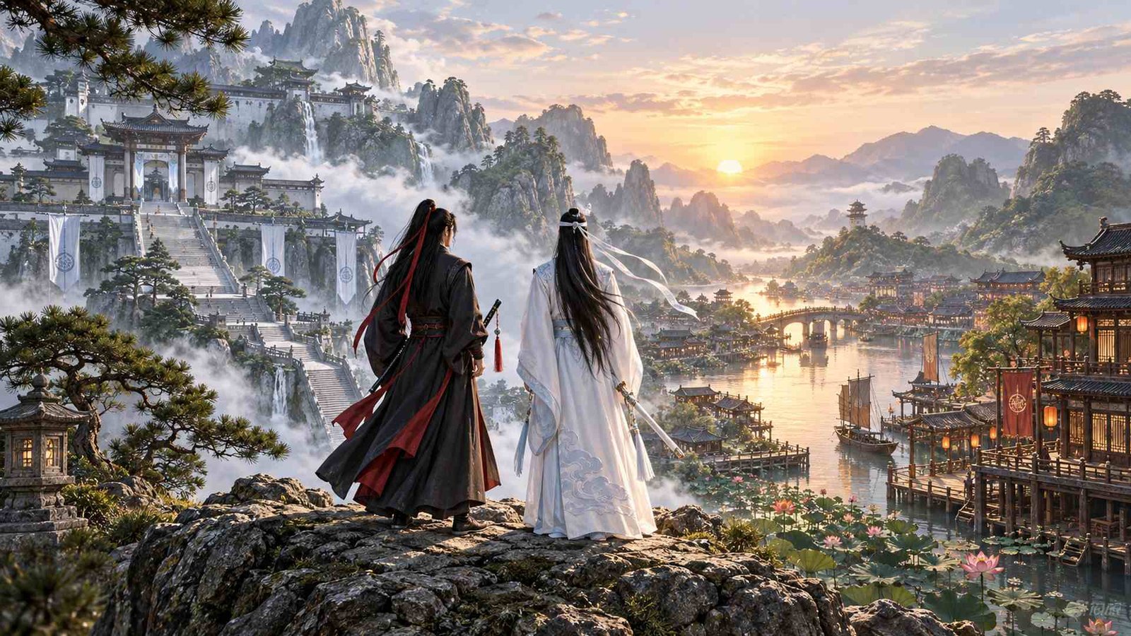 Wei Wuxian in black and Lan Wangji in white stand from behind above a panorama joining the pale mountain architecture of Cloud Recesses with the warm waterways and lotus ponds of Lotus Pier at dawn.