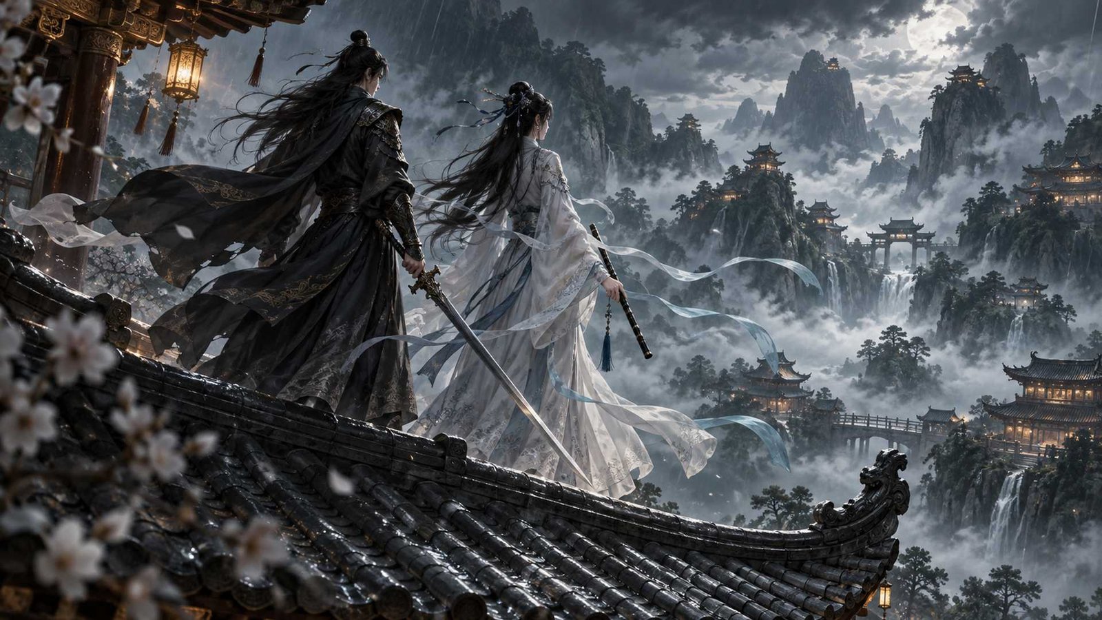 01-cover Two fictional adult cultivators in black and white stand on a rain-swept temple roof, holding a sword and bamboo flute above a misty mountain landscape.