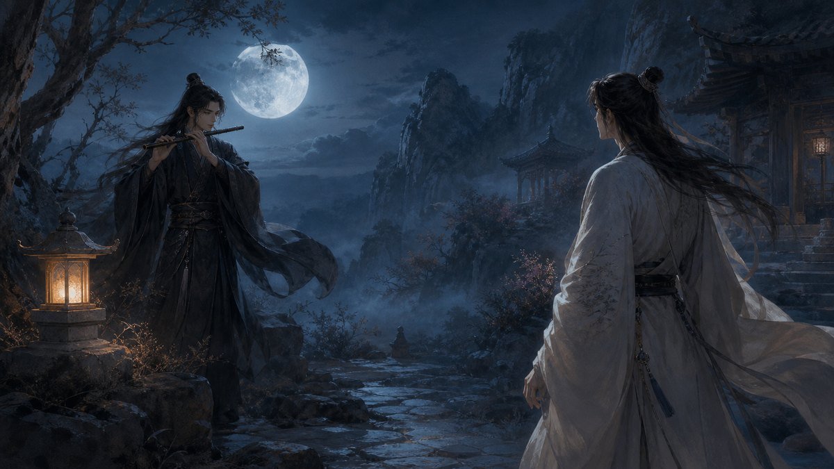 A dark-robed musician plays a bamboo flute as a pale-robed companion recognizes him beneath the moon.
