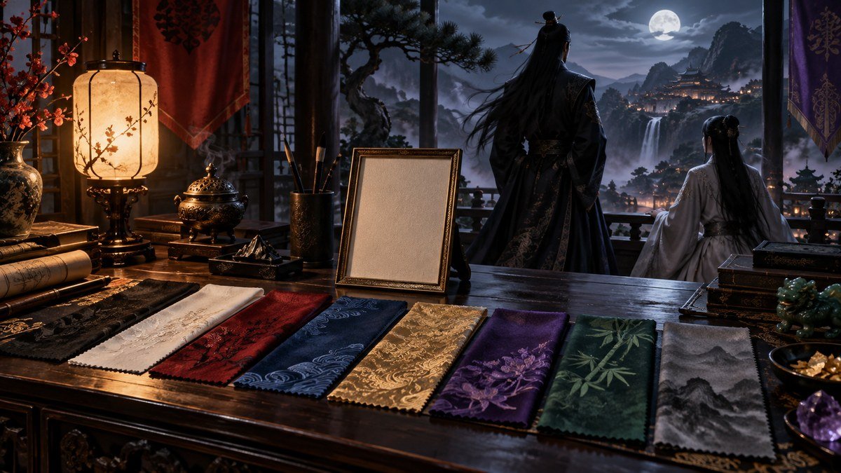 Fabric swatches in eight colors rest beside a blank frame for studying The Untamed color symbolism.