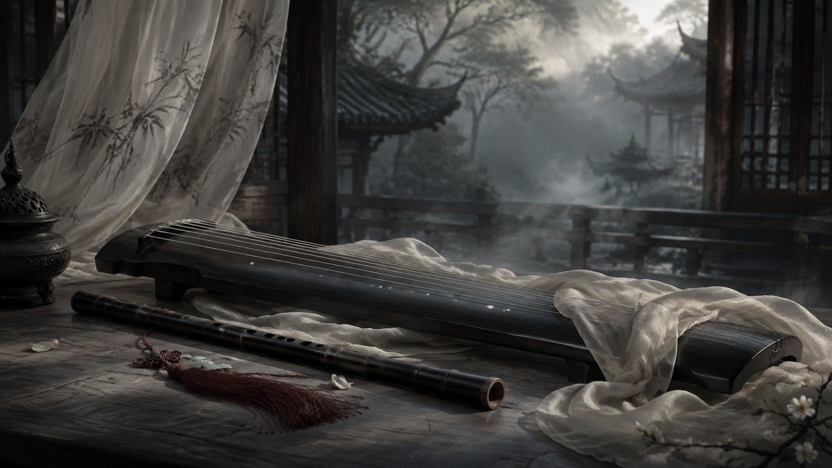 A dark flute and seven-string guqin rest together in a quiet pavilion with soft ivory fabric.