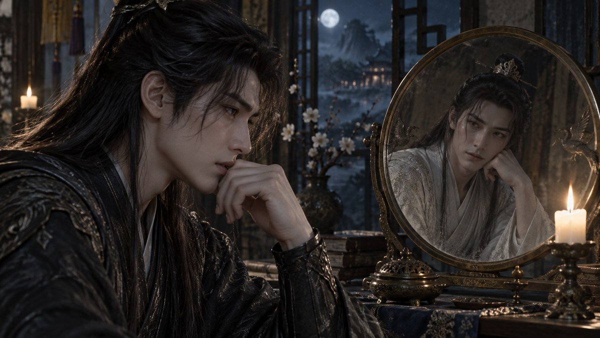 A black-robed man listens in profile while a white-robed male figure appears in a candlelit bronze mirror.
