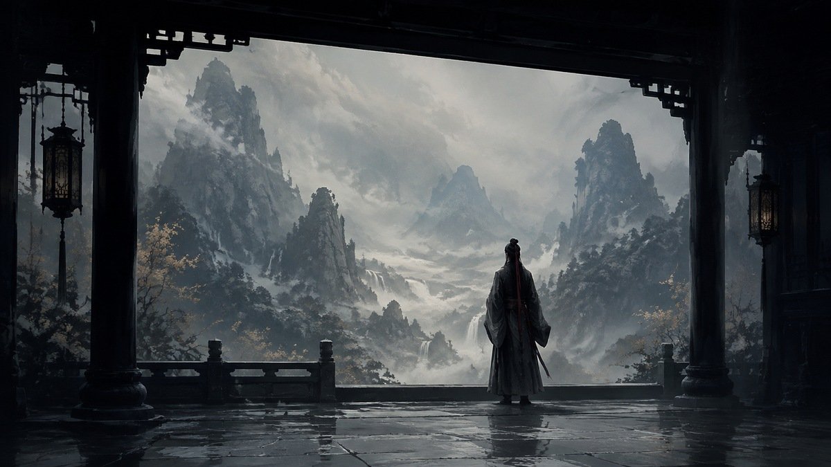 Wei Wuxian stands beneath a dark pavilion frame, small against a broad misty landscape in an editorial illustration.